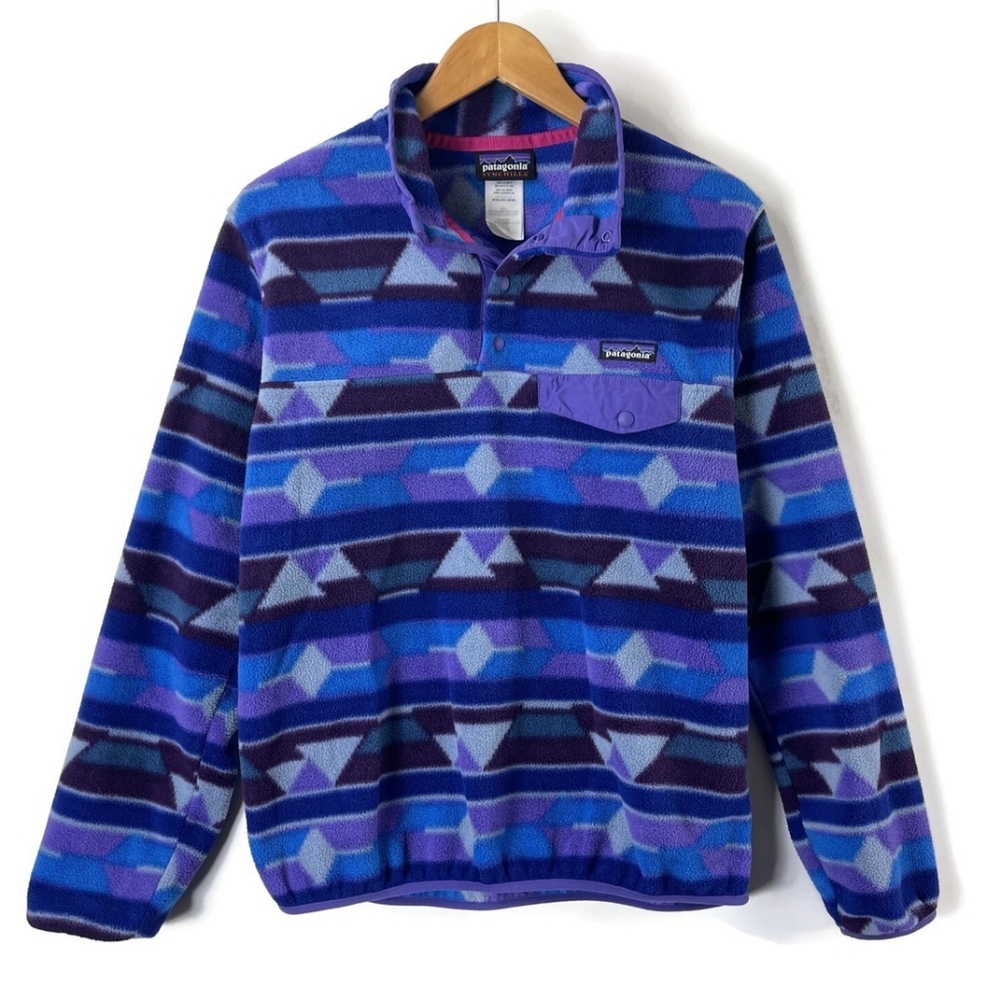 Patagonia Blue and Purple Synchilla Sweater with Geometric Design